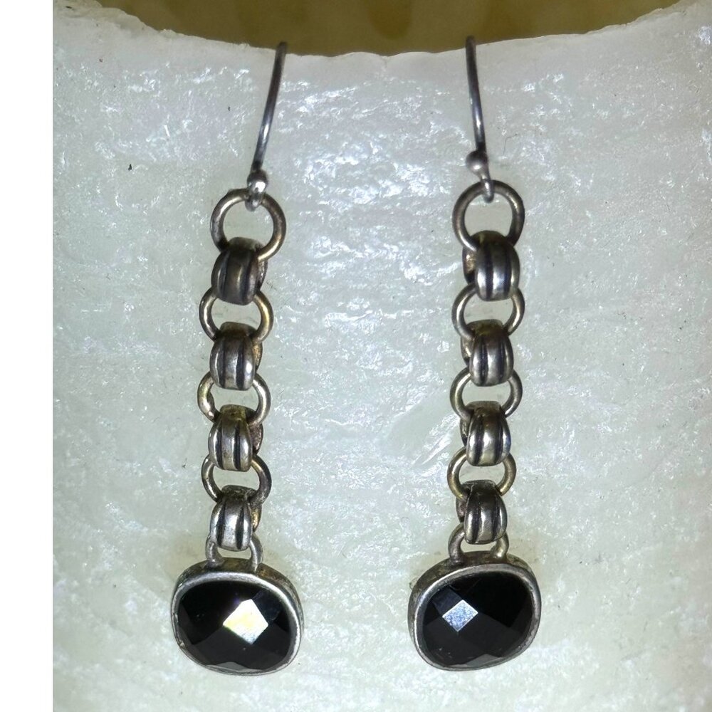 Vintage Barse Thailand 925 Sterling Silver Black Onyx Dangle Earrings Silver - Picture 1 of 8